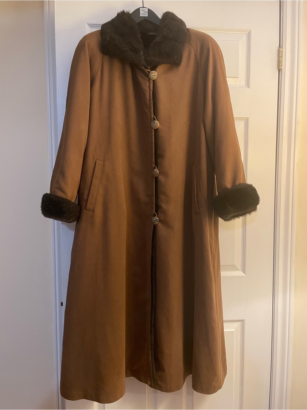 Vintage Brown Faux Fur-Trim Long Coat